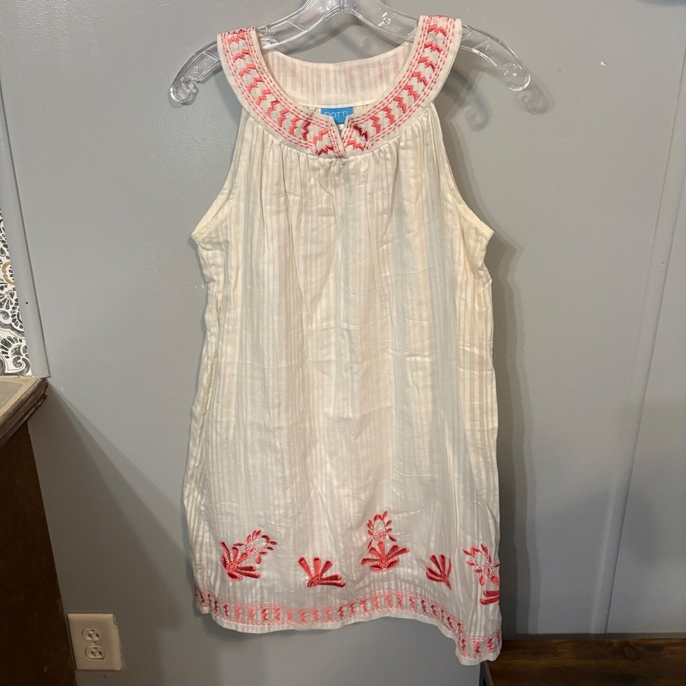 Dotti‎ White Sleeveless Lined Dress with Pink Embroidered Details (Small)